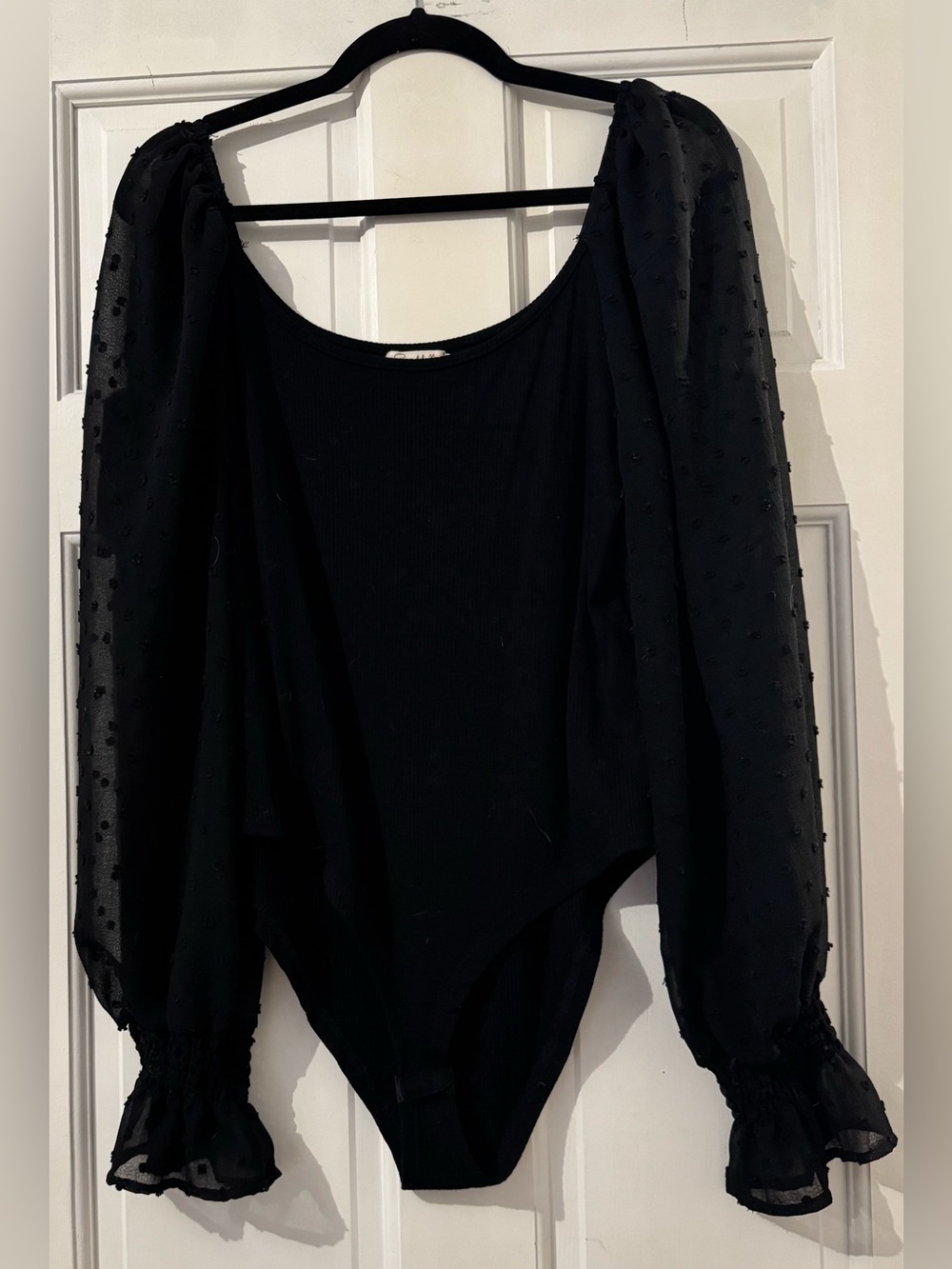 Black Sheer Polka Dot Puff-Sleeve Bodysuit